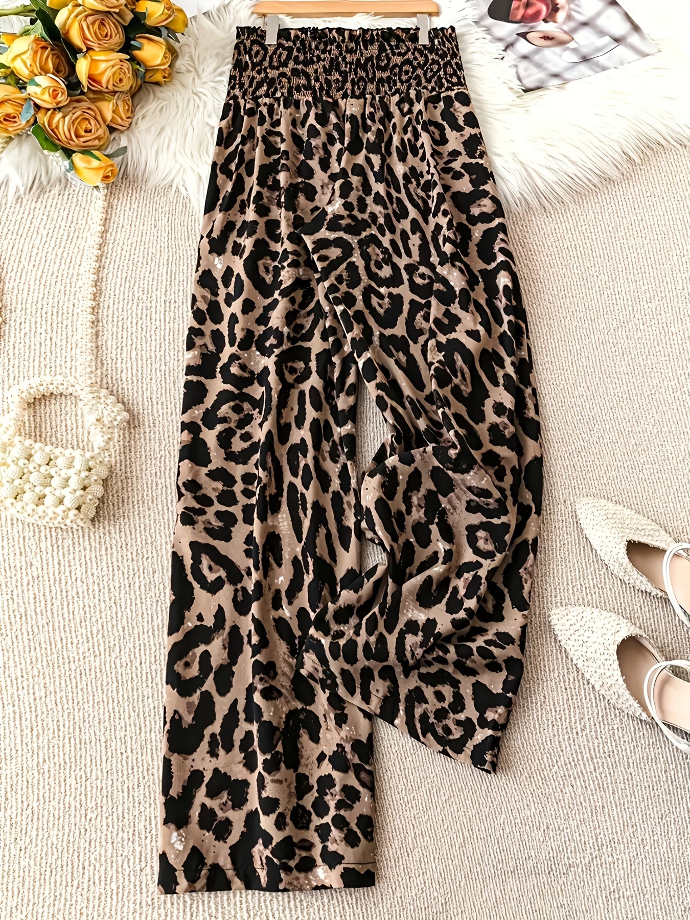 1pc Leopard Print Wide Leg Pants for Women - Casual Loose Fit Elastic Waist Long Trousers, Polyester Woven Fabric, Shirred Detail, Perfect for Weekend Wear - Spring/Summer/Fall Collection - veyora