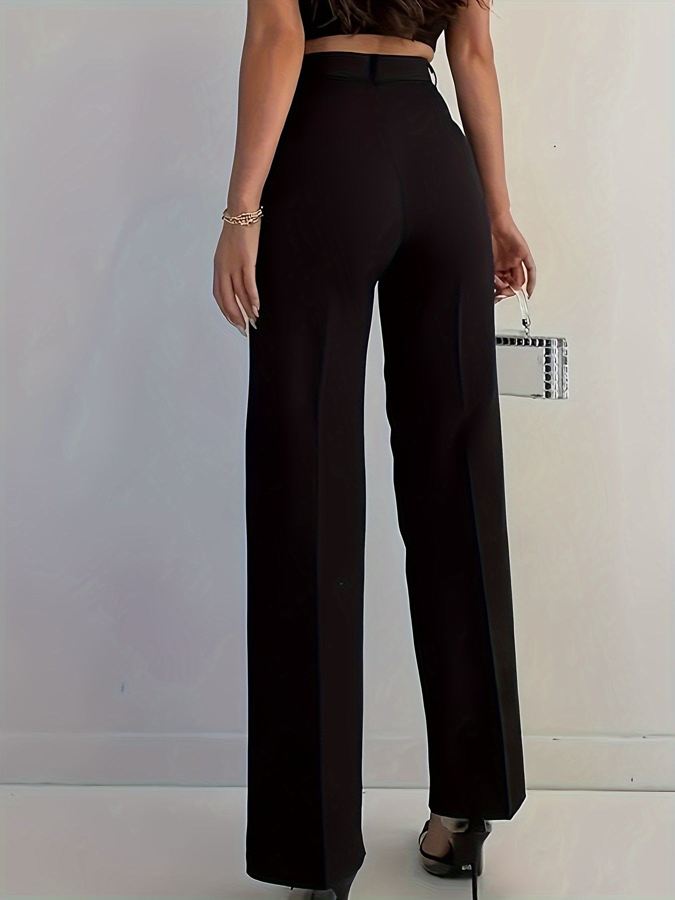 Women's Elegant Black Straight - Leg Trousers - Zipper and Button Design, Openable, Business Casual Suit Pants, Pairs with High Heels, for Daily Commuting and Work, Machine Washable, Soft and Comfortable Fabric, Belt Included - veyora