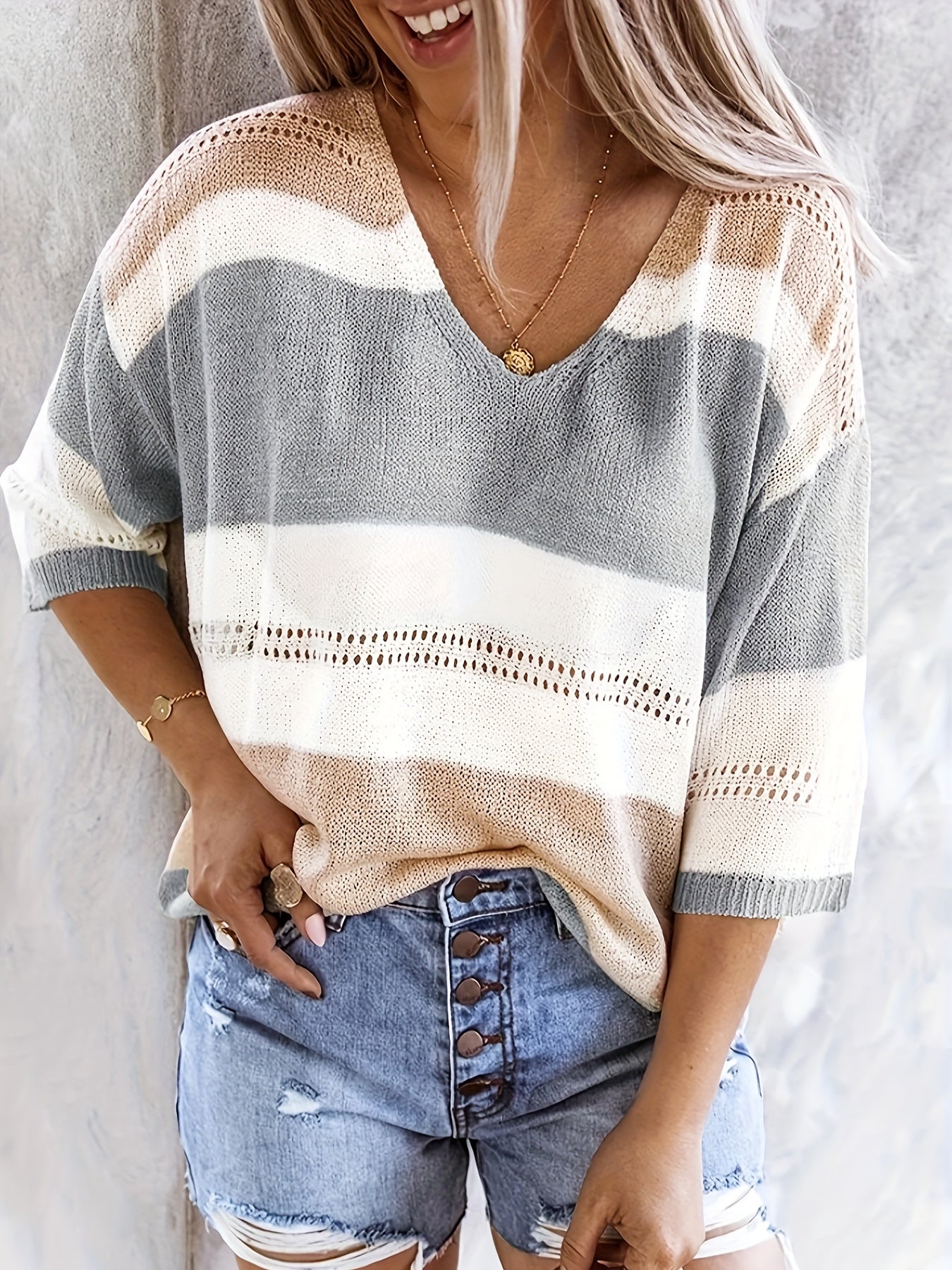 Women'S Casual V-Neck Sweater - Off-Shoulder, Striped Knit Top with Hollow Detail, Perfect for Spring/Summer, Light Gray & Pink, Ladies Sweaters