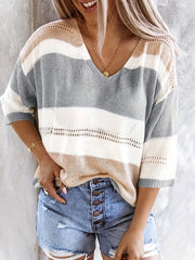 Women'S Casual V-Neck Sweater - Off-Shoulder, Striped Knit Top with Hollow Detail, Perfect for Spring/Summer, Light Gray & Pink, Ladies Sweaters