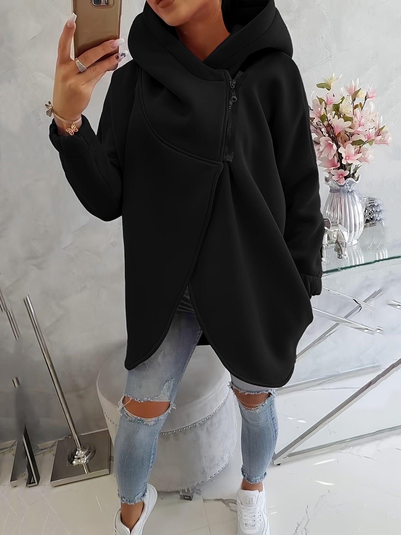 Women'S Hooded Jacket - Long Sleeve Coat with Front Zipper Closure, Lightweight Outerwear for Everyday & Formal Outfits - Spring/Fall Transitional Layering Piece, Spring Fall Clothing, Casual Style, Durable Fabric, Office Wear - veyora