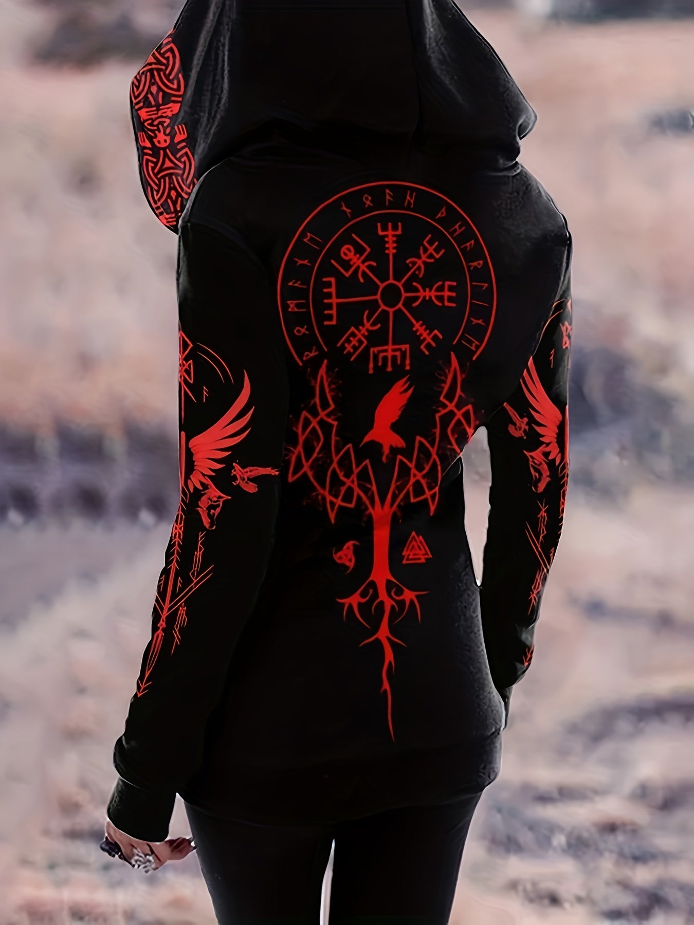 Viking Tribal Full - Body Print Hooded Zipper Hoodie - Retro Norse Totem & Viking Warrior Design, H - Line Silhouette, High Elasticity All - Season Casual Outerwear, Machine Washable - veyora