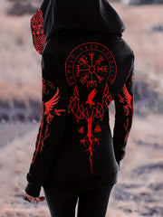 Viking Tribal Full - Body Print Hooded Zipper Hoodie - Retro Norse Totem & Viking Warrior Design, H - Line Silhouette, High Elasticity All - Season Casual Outerwear, Machine Washable - veyora