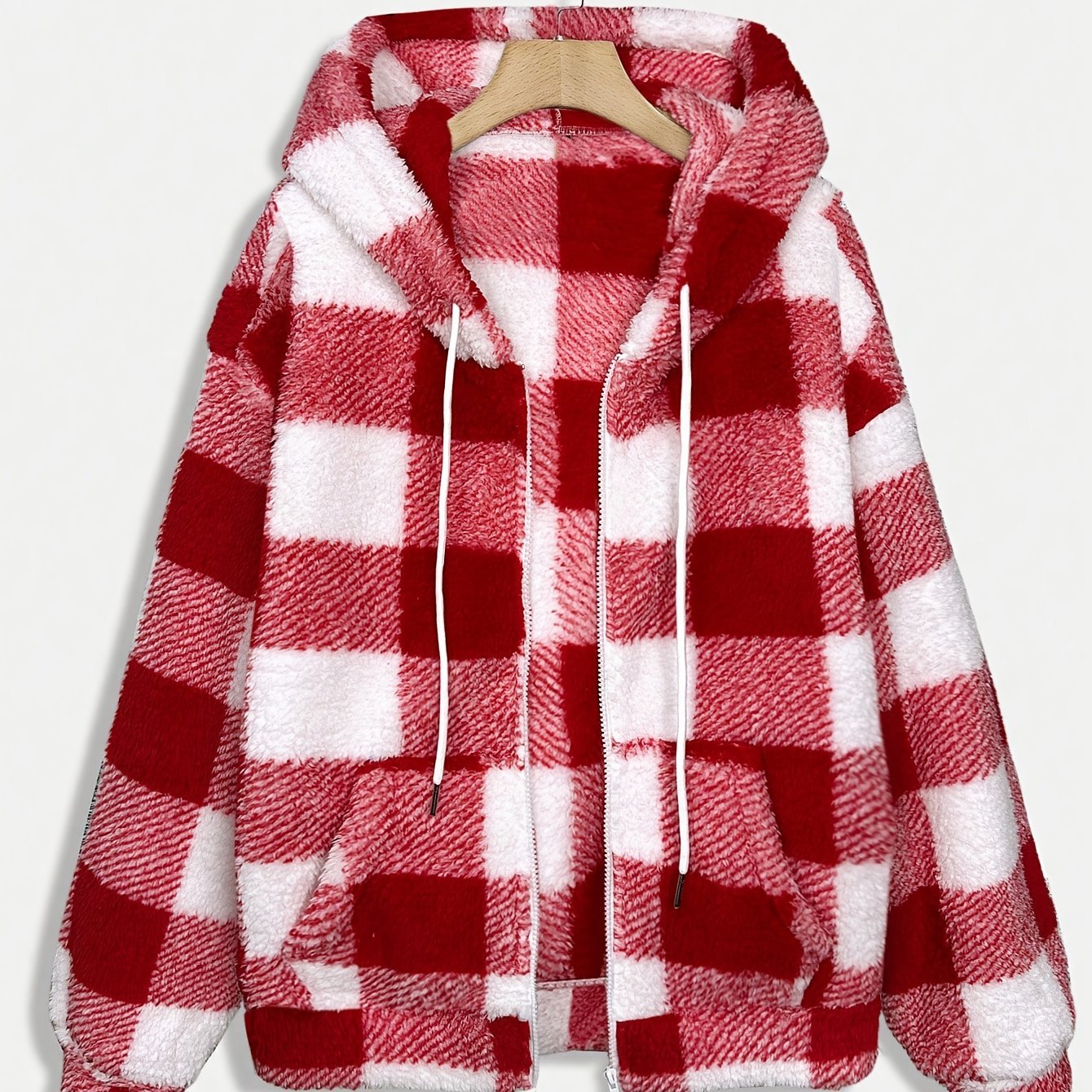 Women'S Plaid Fleece Coat - Mustard - Yellow & Checkered Winter Warmth, Soft Plush Jacket with Full - Zip Front Closure, Cozy Casual Outerwear for Fall & Winter, Winter Clothing, Fall Fashion, Stylish Outerwear, Fashion Lovers - veyora