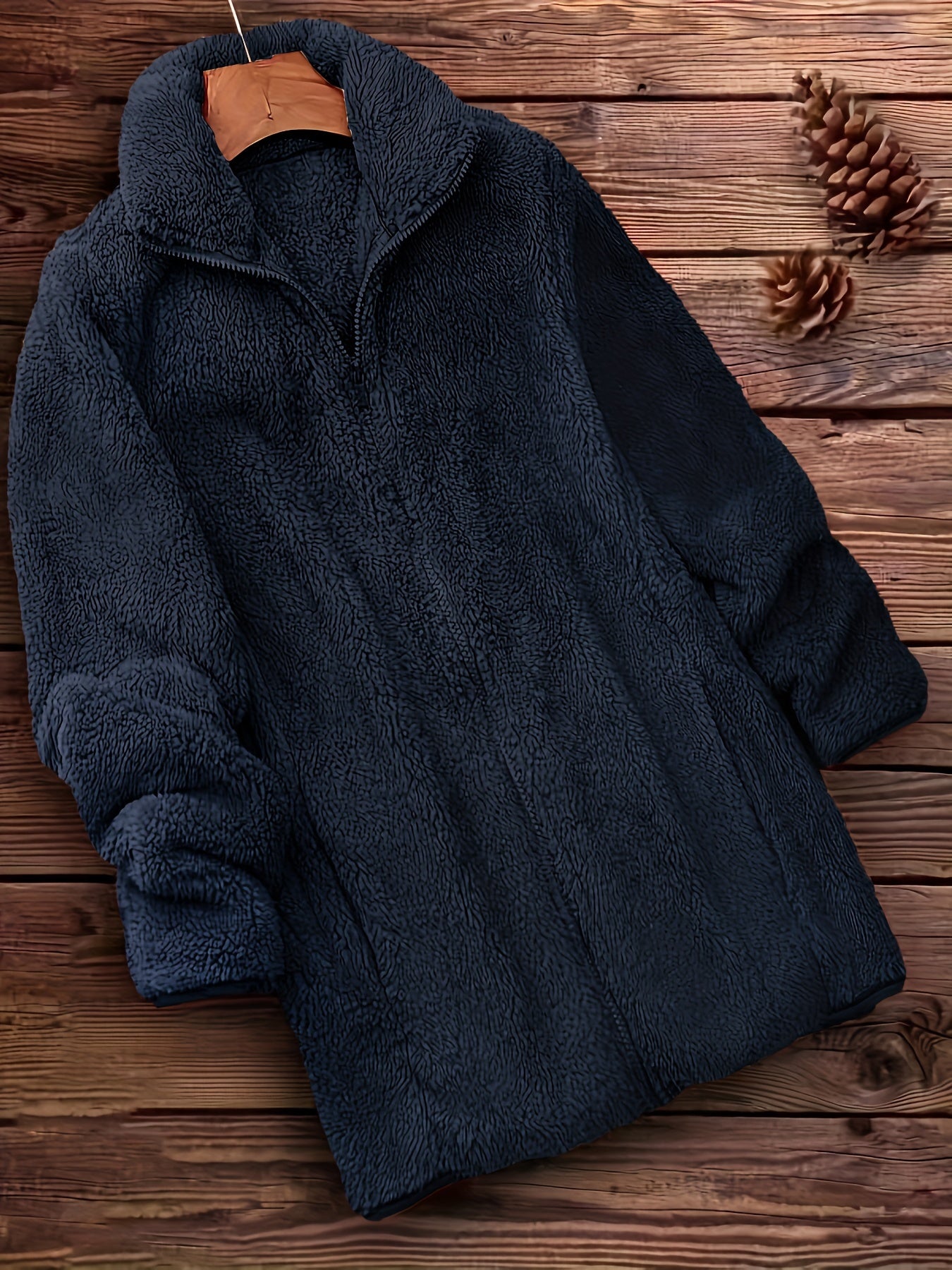 Zip Up Solid Teddy Coat, Casual Long Sleeve Winter Outerwear, Women's Clothing - veyora