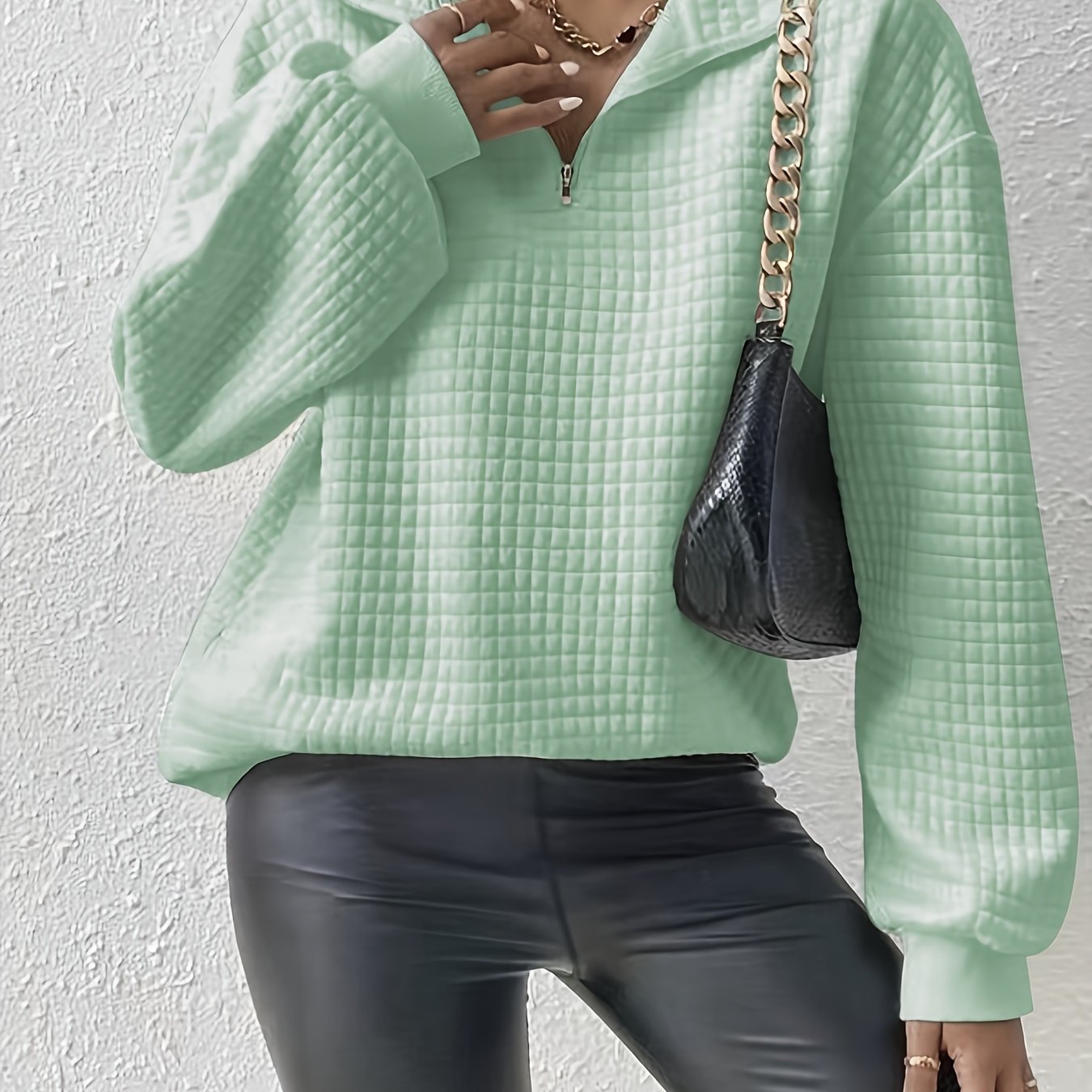 Waffle Grid Quarter Zip Pullover Sweatshirt, Casual Long Sleeve Lapel Sweatshirt For Fall & Winter, Women's Clothing - veyora