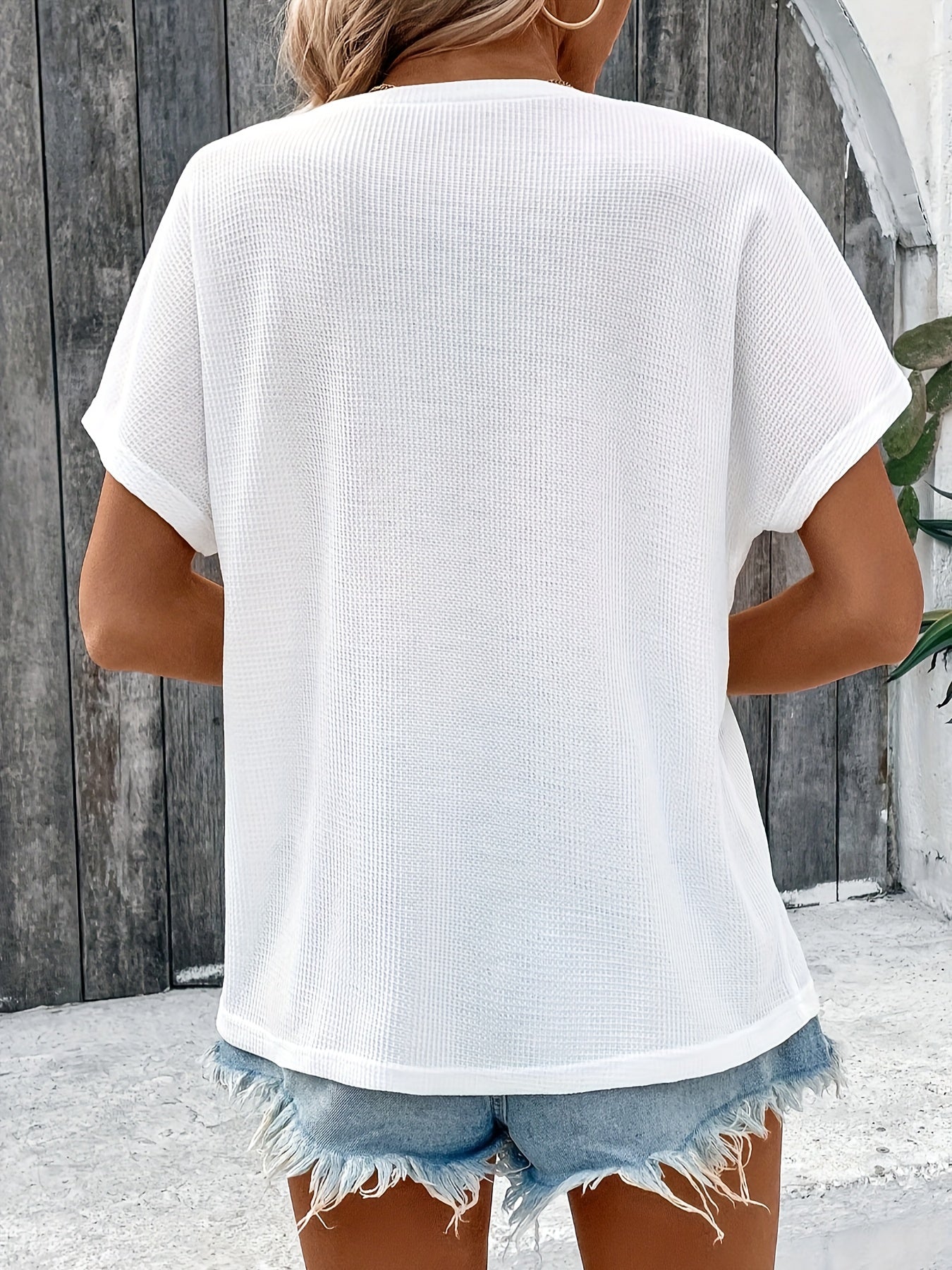 Button - Up V - Neck Batwing Short - Sleeve T-Shirt - veyora