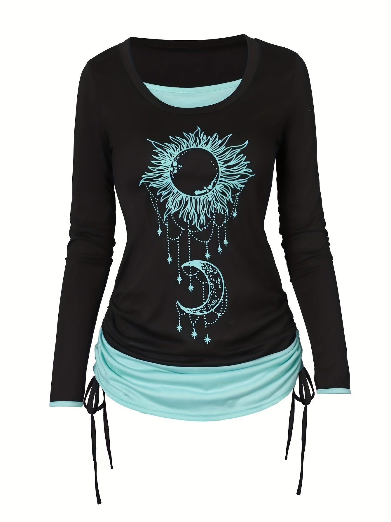 2 In 1 Moon & Sun Print Side Tie T-Shirt, Casual Colorblock Ruched Long Sleeve T-Shirt, Women's Clothing - veyora