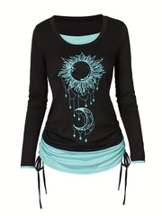 2 In 1 Moon & Sun Print Side Tie T-Shirt, Casual Colorblock Ruched Long Sleeve T-Shirt, Women's Clothing - veyora