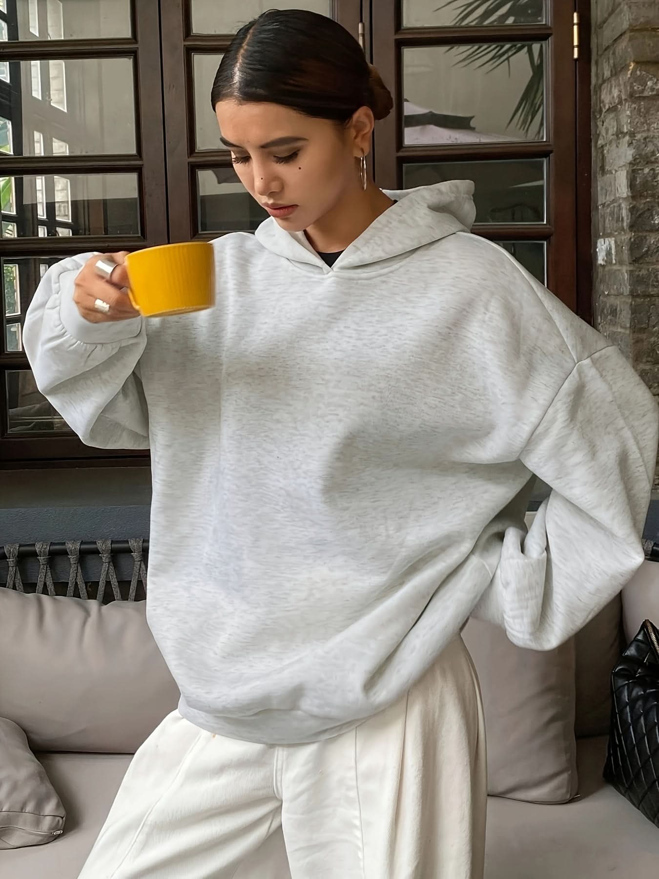 Women'S Casual Loose Hooded Sweatshirt - Autumn And Winter Comfortable Fleece Lined Pullover, Solid Color Loose Fit - veyora