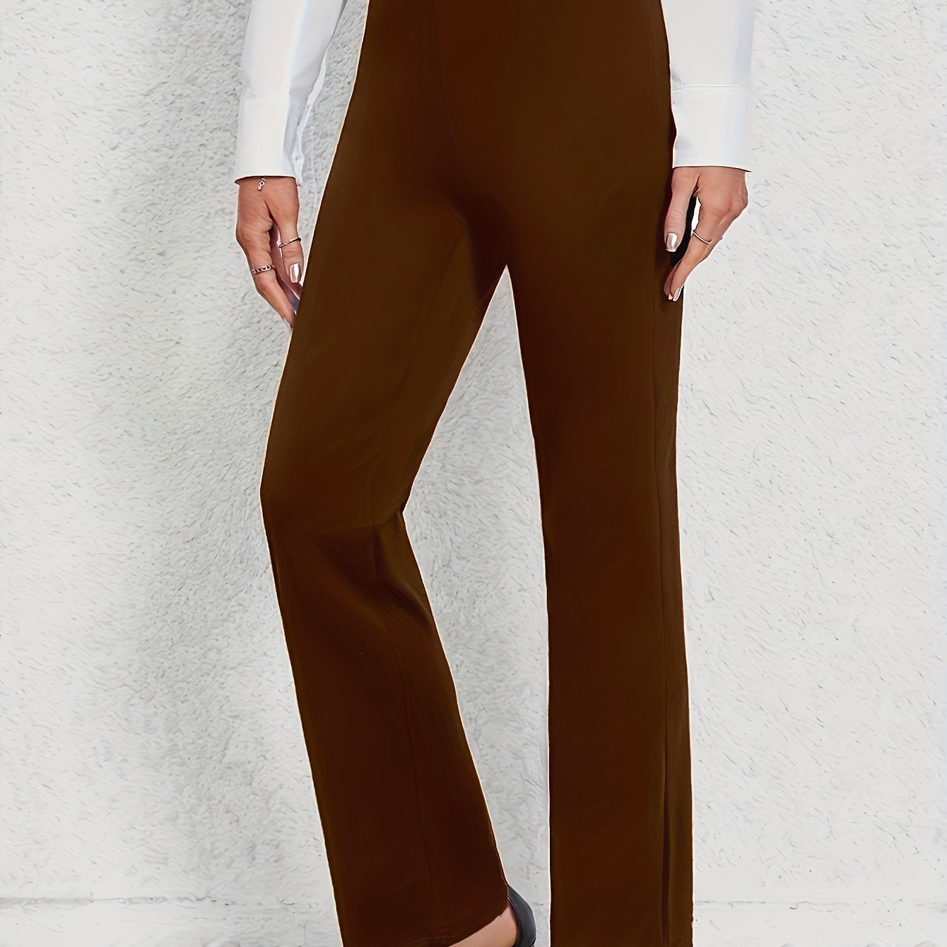 Women's Stretch Straight - Leg Pants - Solid Color Trousers with Medium Elastic Waist & Leg, - Machine Washable Non - Suitable for, Casual, Casual Attire - Straight Leg Trousers for Year - Round - veyora