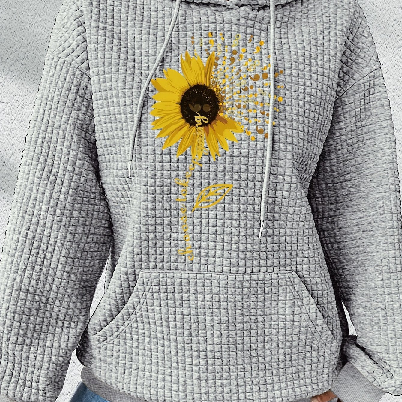 Sunflower Print Waffle Hoodie, Drawstring Kangaroo Pocket Casual Hooded Sweatshirt For Winter & Fall, Women's Clothing - veyora