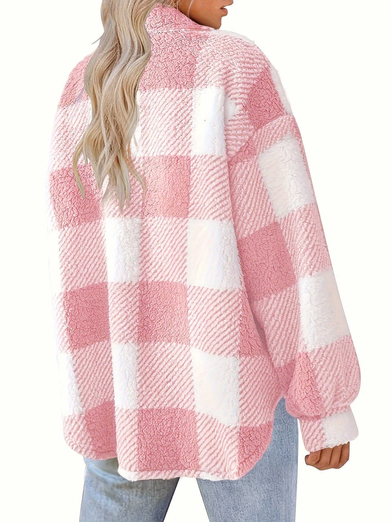 Women'S Casual Plaid Teddy Jacket, Polyester Knit Fabric, with Lapel Collar, Button Front, and Pockets, for Fall/Winter Cozy Outerwear - veyora
