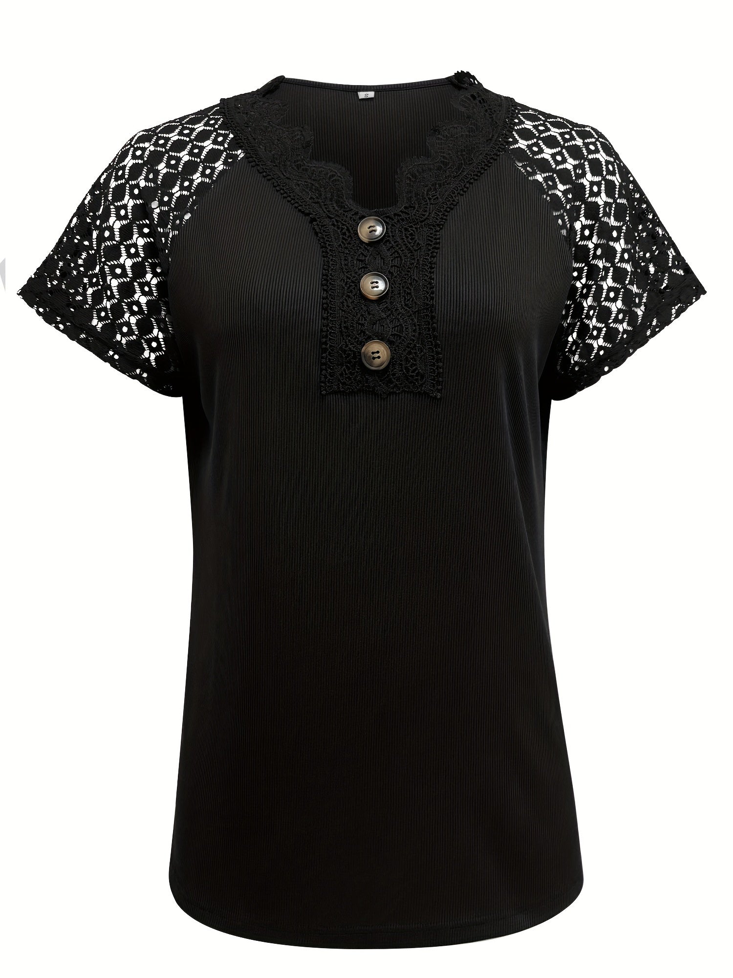 Directional Development of a Women'S V - Neck Button Lace Collar Top, Featuring Casual Lace Patchwork And Raglan Sleeves - veyora