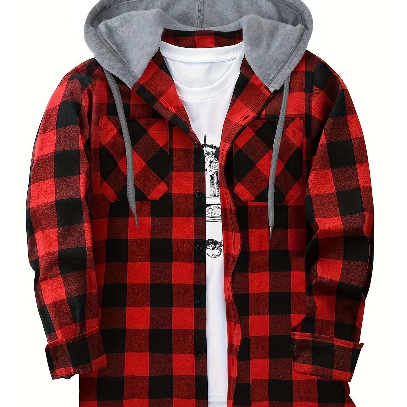 Men's Plaid Hooded Shirt Coat, Long Sleeve, Button Up, Casual Fit - veyora