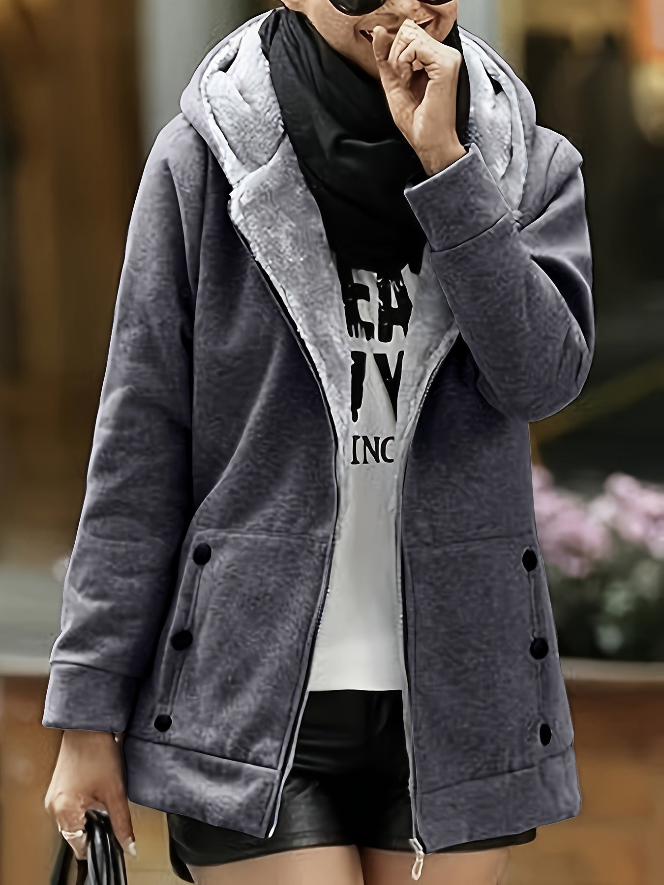 Women'S Autumn And Winter Fleece Hooded Jacket, Windproof And Warm, Stylish And Casual, Long - Sleeved, Solid Color with Patch Pockets And Zip - Up Front - veyora