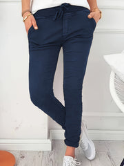 Women's Stretchy Solid Color Casual Pants - High Waist, Drawstring, with Pockets | Machine Washable | Perfect for Spring/Fall - veyora