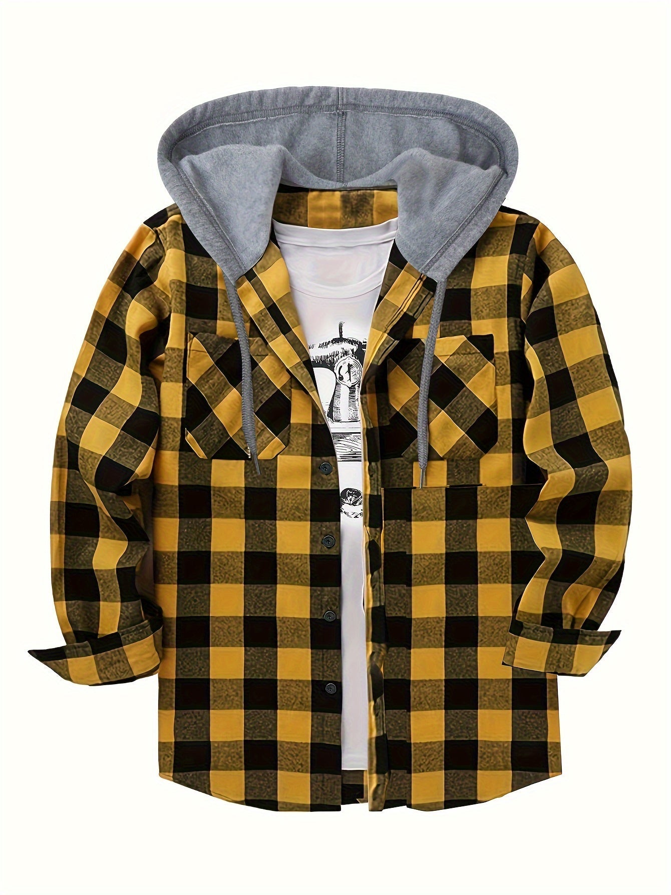 Men's Plaid Hooded Shirt Coat, Long Sleeve, Button Up, Casual Fit - veyora
