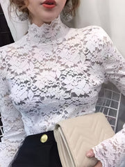 Lace Mock Neck Slim Top, Sexy Long Sleeve Top For Spring & Fall, Women's Clothing - veyora