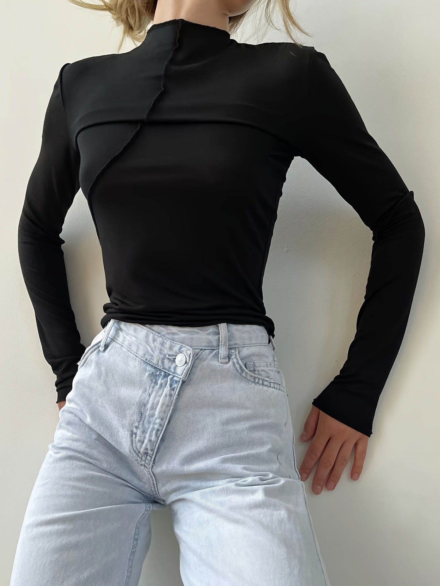 Y2K Spring And Summer Women'S Clothing, Designed with a Unique Split Line, Long - Sleeve, Half - High Collar Base Layer Top for Women - veyora