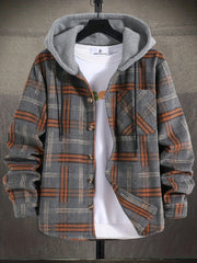 Long Sleeve Men's Warm Plaid Hooded Jacket for Autumn, Outdoor Casual Trendy Cloth - veyora