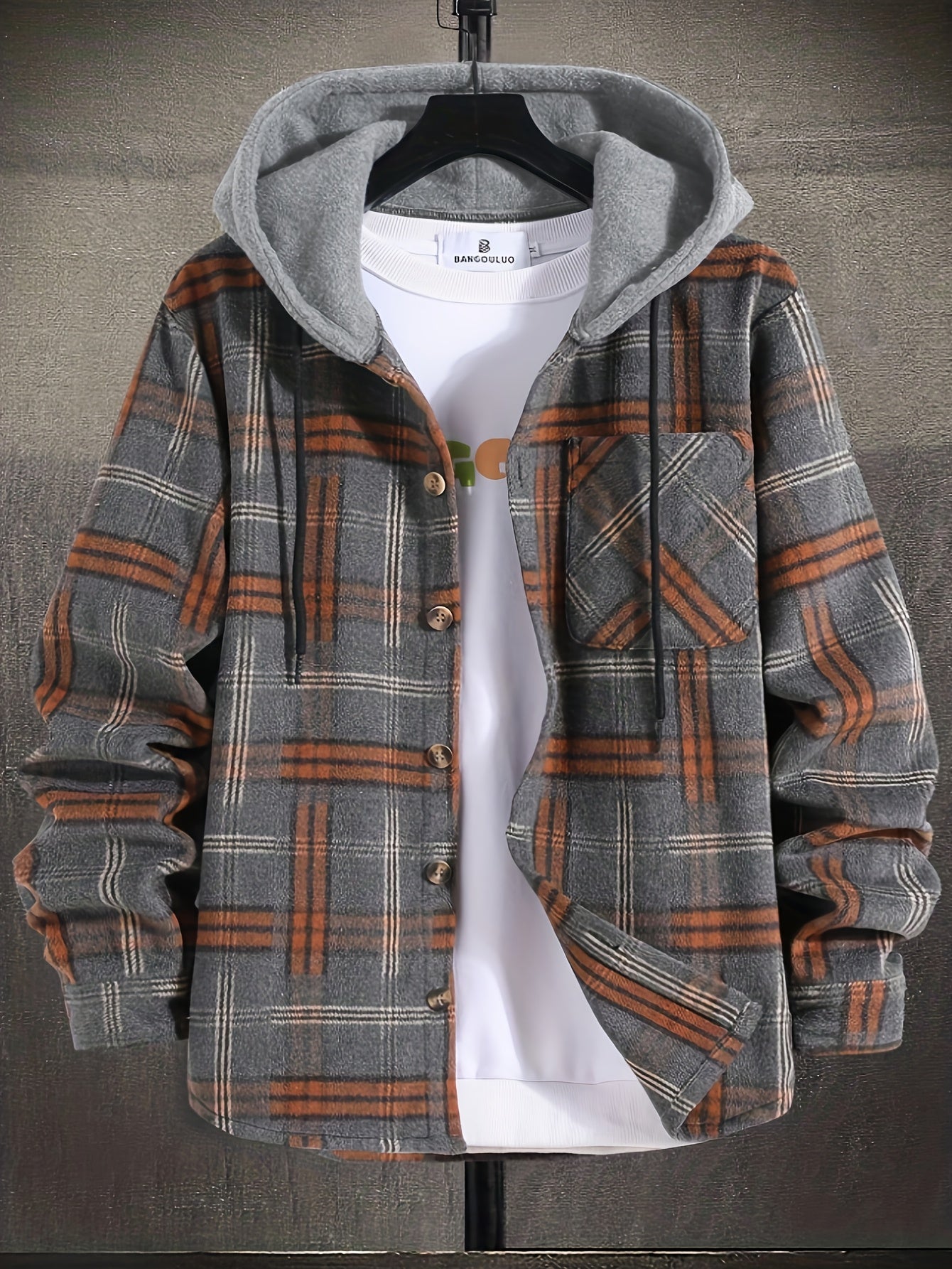 Long Sleeve Men's Warm Plaid Hooded Jacket for Autumn, Outdoor Casual Trendy Cloth - veyora