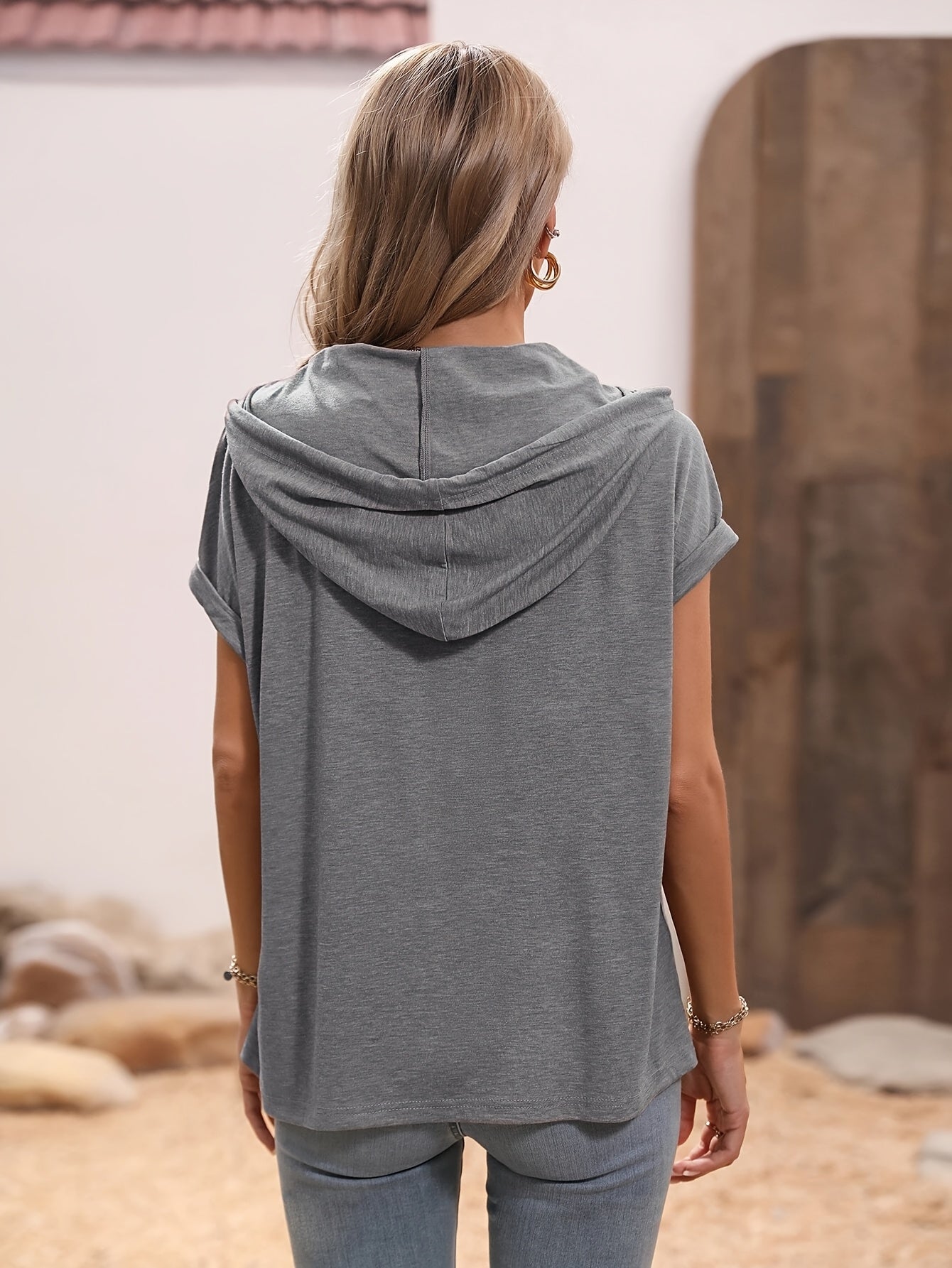 Women's Summer Casual Hooded Short Sleeve Top - Lightweight Breathable Solid Color Shirt, Machine Washable & Dry Cleanable for Casual Attire, Relaxed Fit Clothing, Neutral Tone Shirt, Versatile Fashion - veyora
