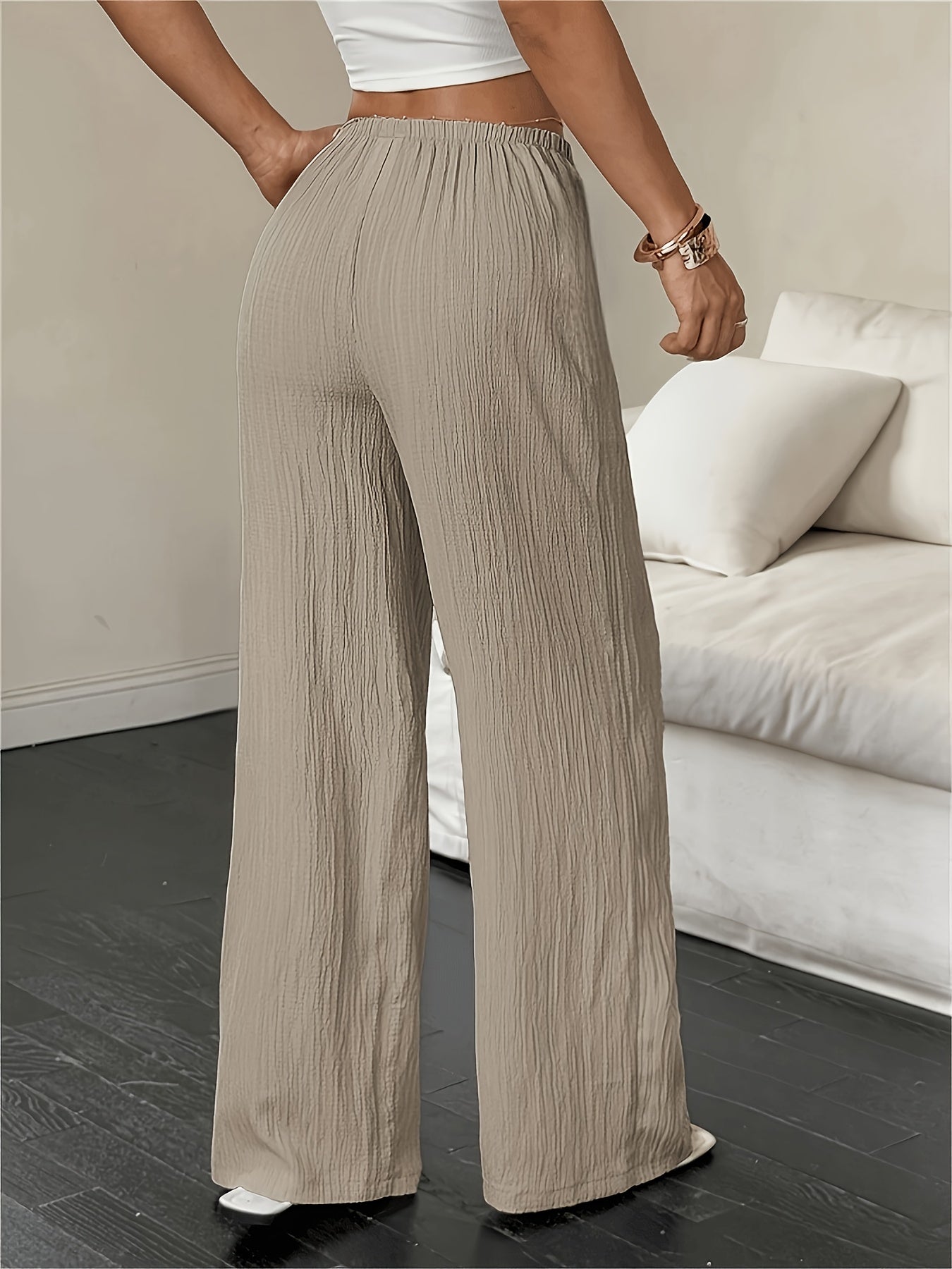Women's Fashion Casual Khaki Solid Color Elegant Faux Drawstring Straight - Leg Pants - Spring, Summer, and Autumn Solid Color Machine - Washable Trousers, Versatile for Casual and Formal Wear, Faux Drawstring Design, Comfortable and Versatile Style - veyora