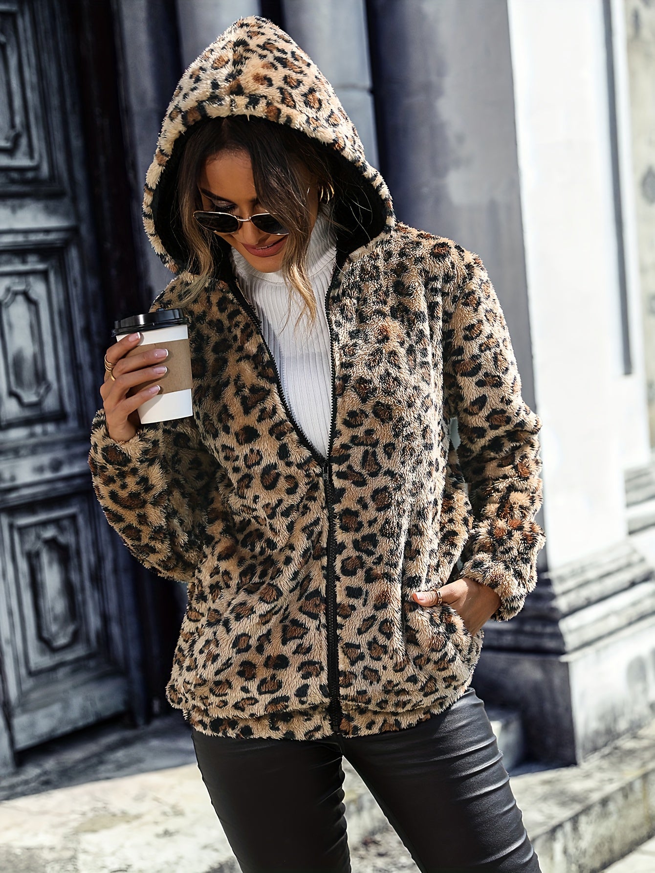 Stylish Leopard Print Zipper Hooded Teddy Coat - Soft, Warm, Versatile Long Sleeve Thermal Outwear for Fall & Winter - Women's Fashionable Outerwear for Casual Daily Life, Outdoor Activities, and Travel