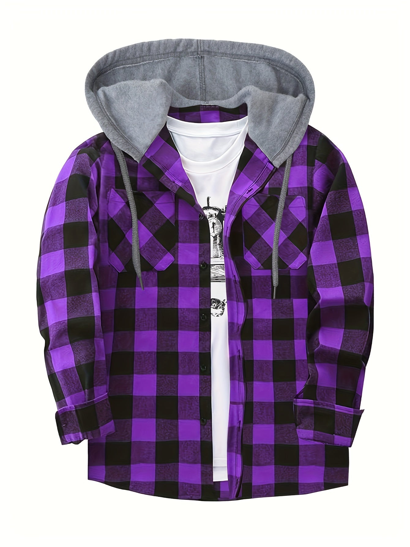 Men's Plaid Hooded Shirt Coat, Long Sleeve, Button Up, Casual Fit - veyora