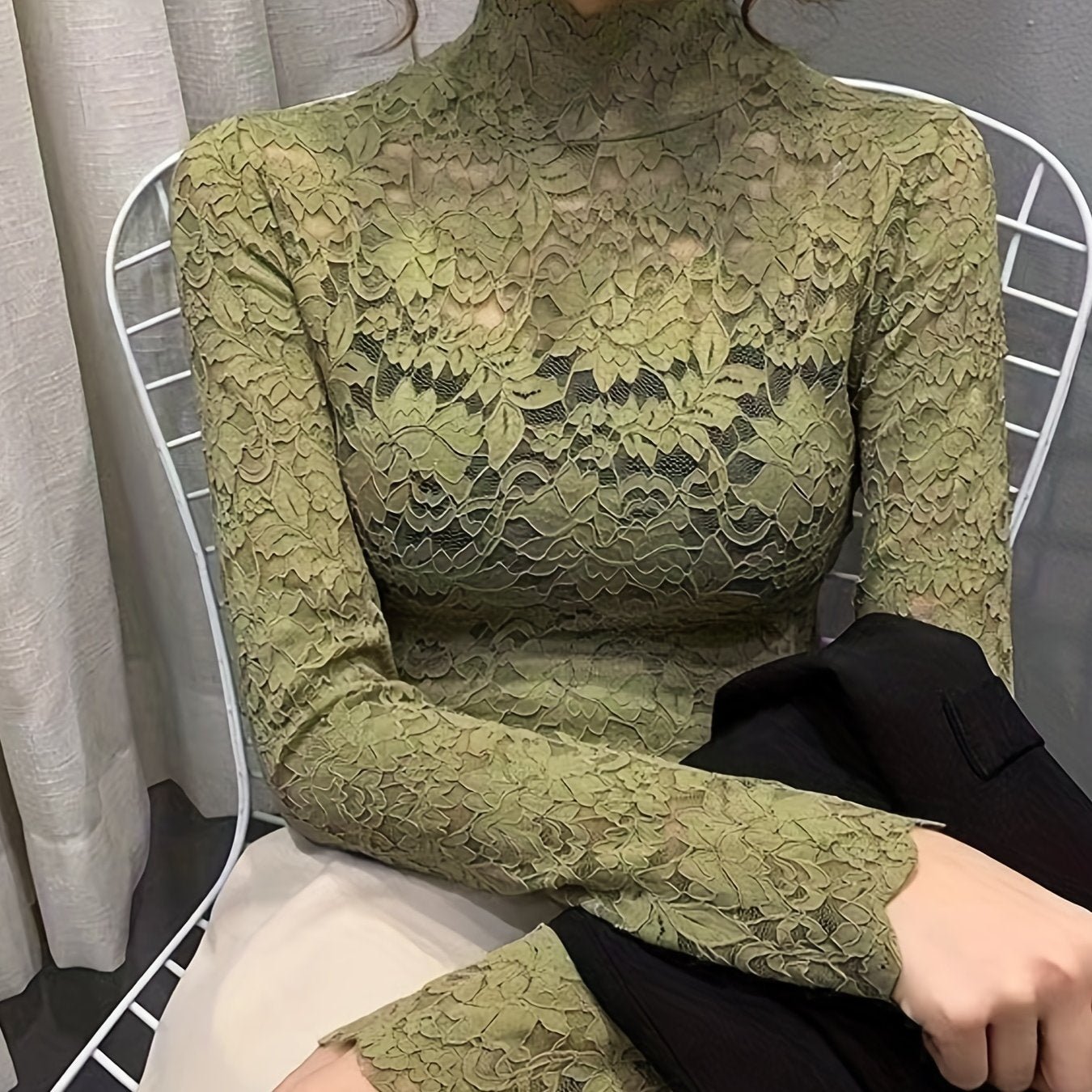 Lace Mock Neck Slim Top, Sexy Long Sleeve Top For Spring & Fall, Women's Clothing - veyora