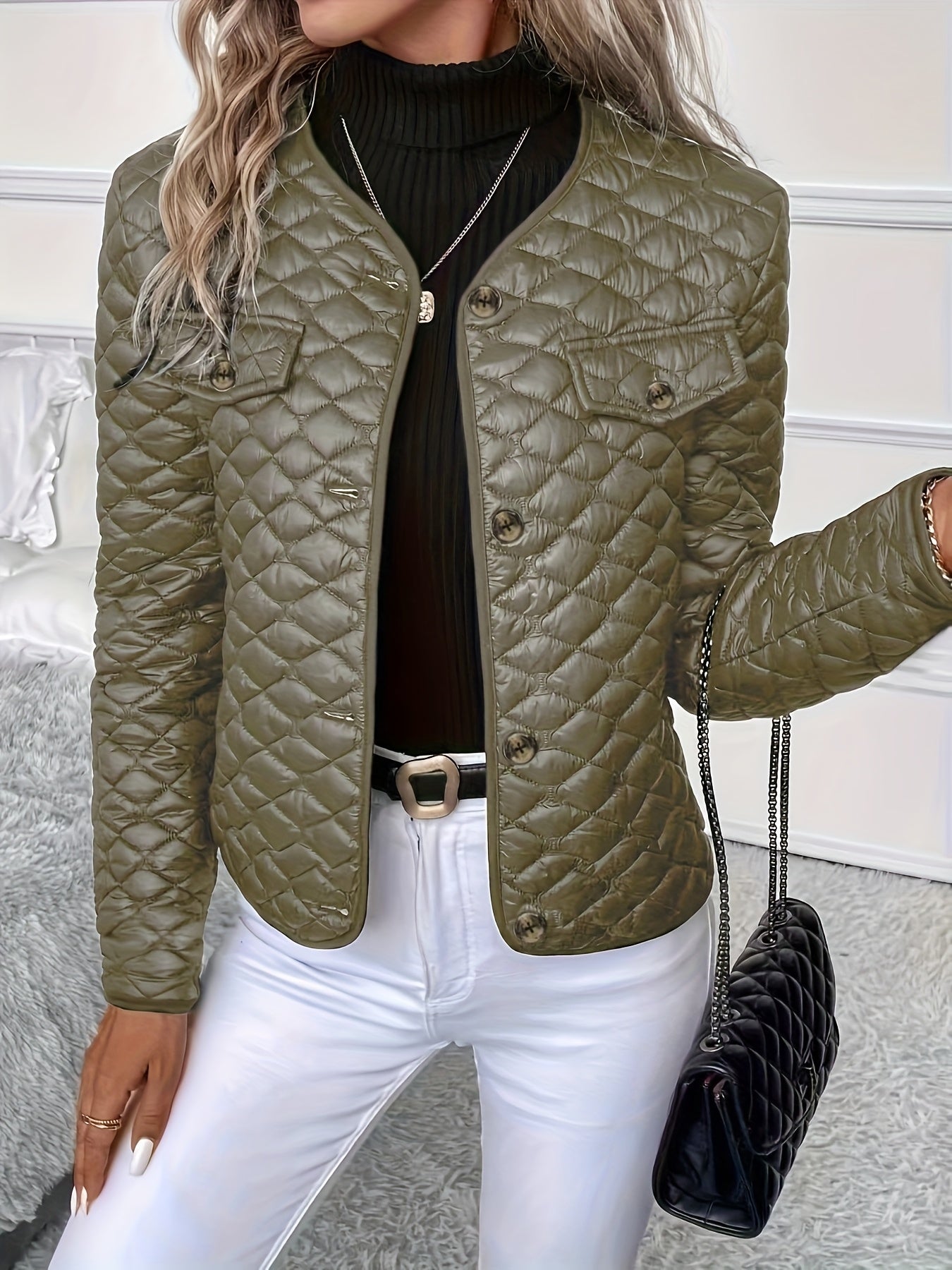Solid Color Long Sleeve Lapel Detail Quilted Coat - veyora