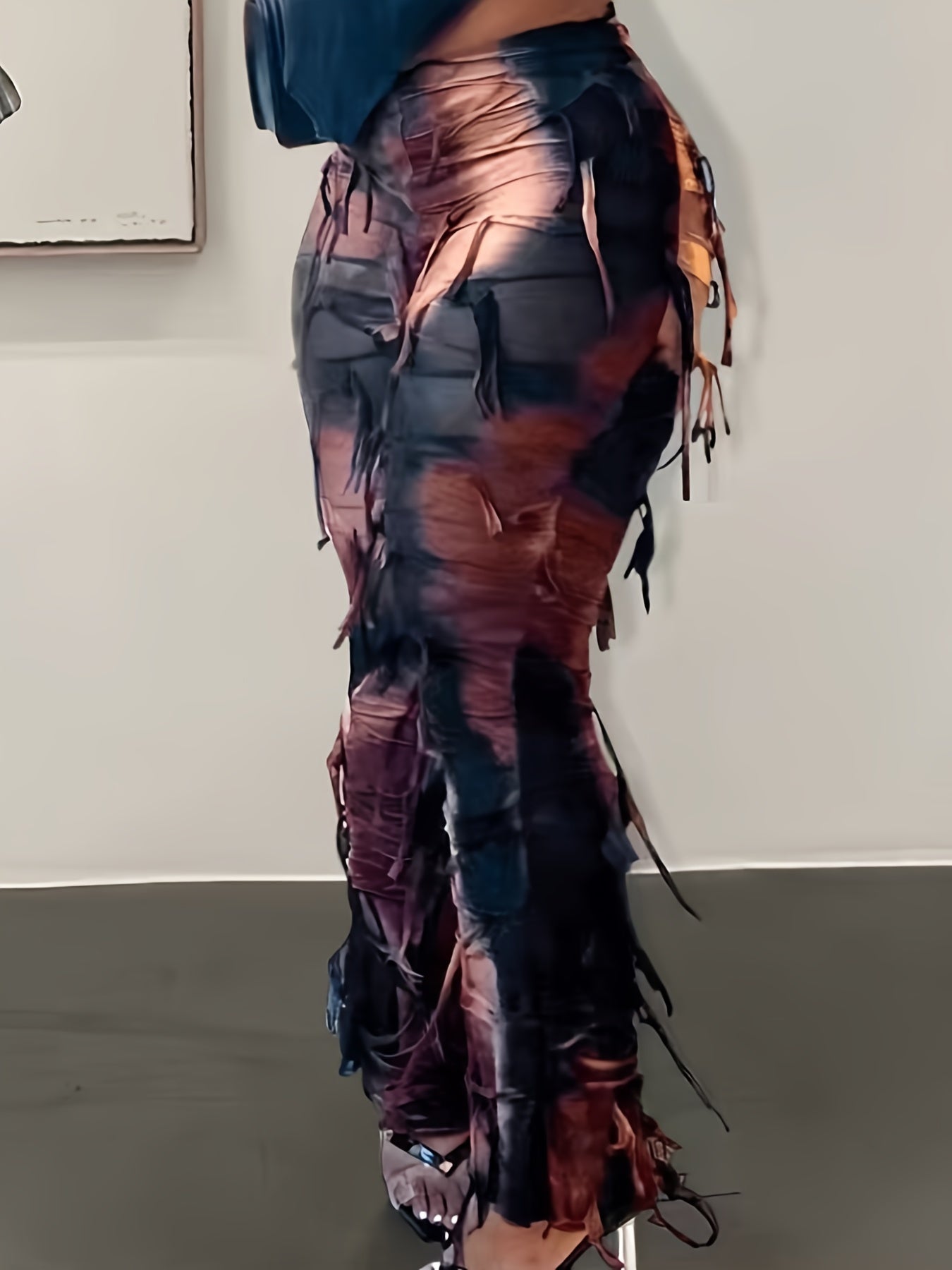 Women's Sexy High - Waisted Tie - Dye Mesh Flare Pants with Fringe Detail - Semi - Sheer Stretchy Trousers, Elastic Waistband, Machine Washable, Autumn/Winter Fashion for Mature Occasions - veyora