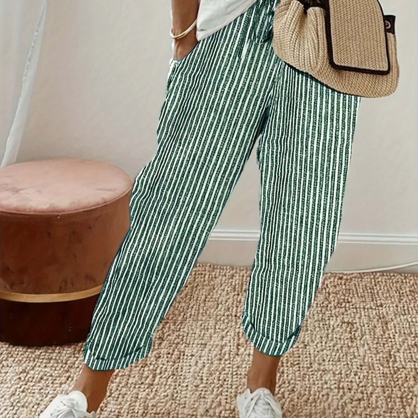 Striped Casual Straight - leg Women's Trousers with Ties - veyora