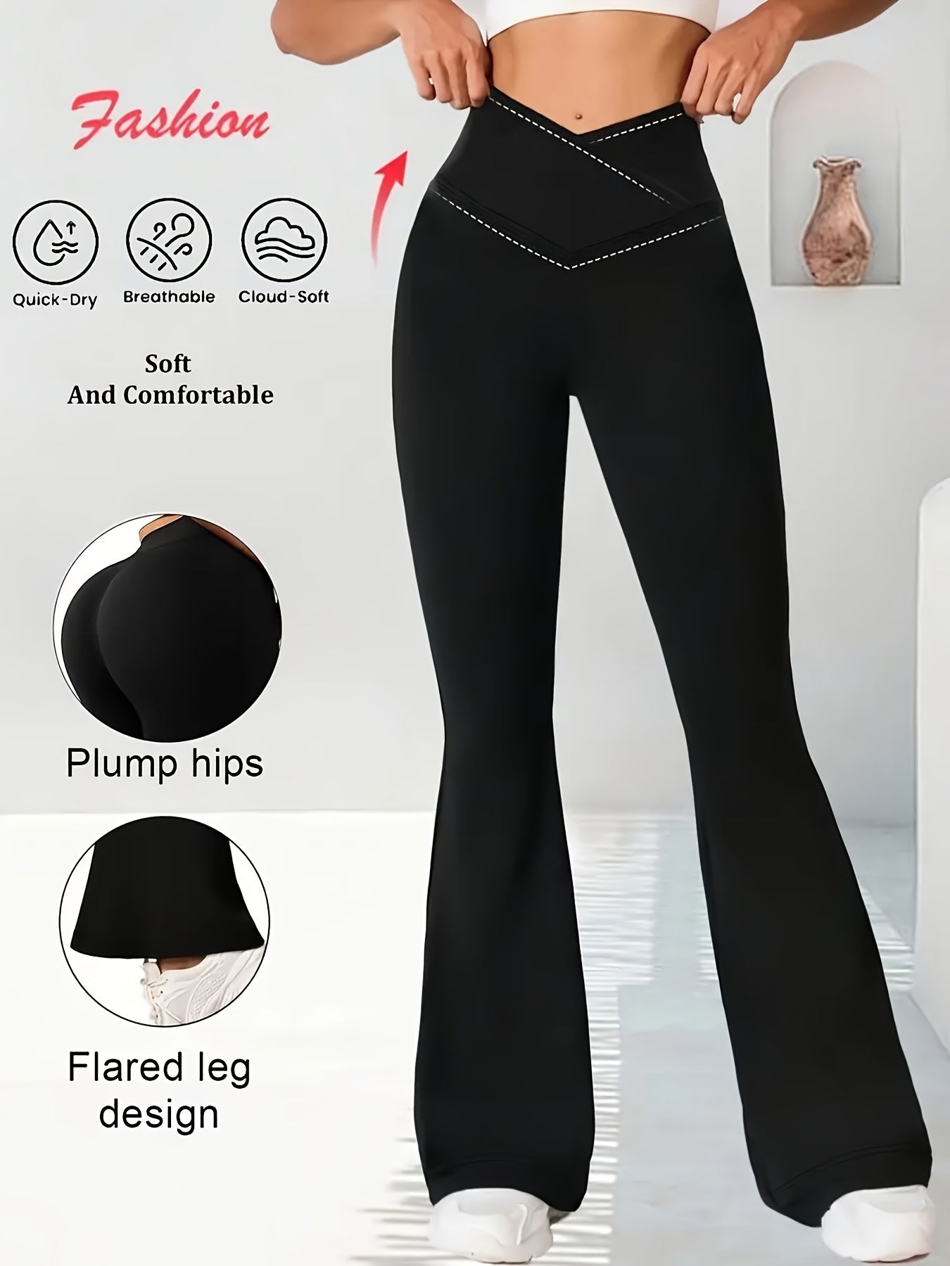 Women's High - Waisted Tummy Control Bell - Bottom Capri Pants - Tummy Trimmer Belt - Like Waistband, Wide - Leg Flared Bottoms for Postpartum, & Casual Attire, All - Season Pants (Machine Washable) - veyora