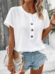 Button - Up V - Neck Batwing Short - Sleeve T-Shirt - veyora