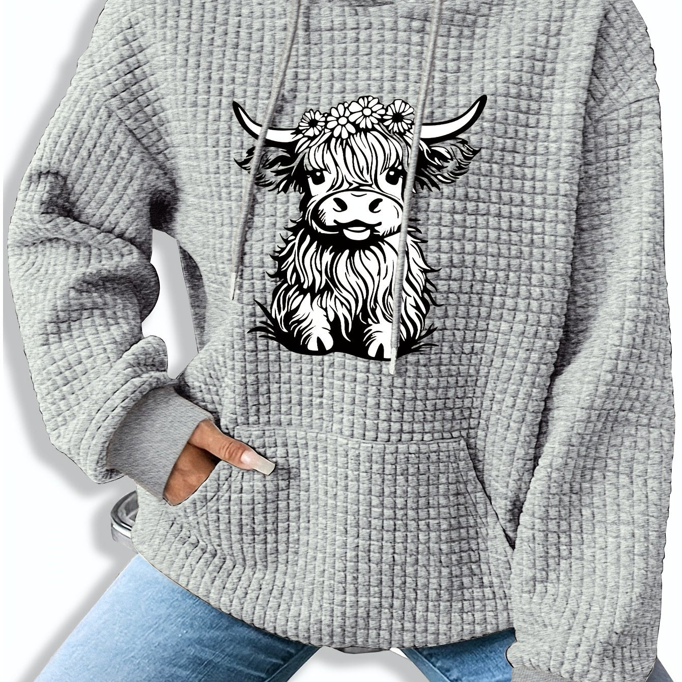Graphic Print Waffle Hoodie, Drawstring Kangaroo Pocket Casual Hooded Sweatshirt For Winter & Fall, Women'S Clothing - veyora