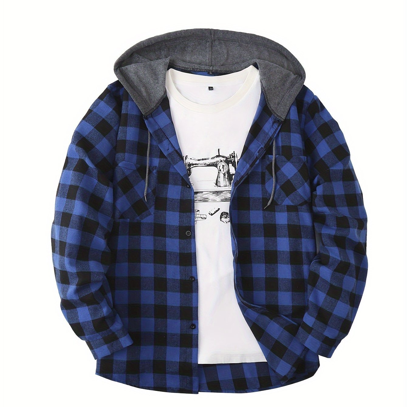 Men's Plaid Hooded Shirt Coat, Long Sleeve, Button Up, Casual Fit - veyora