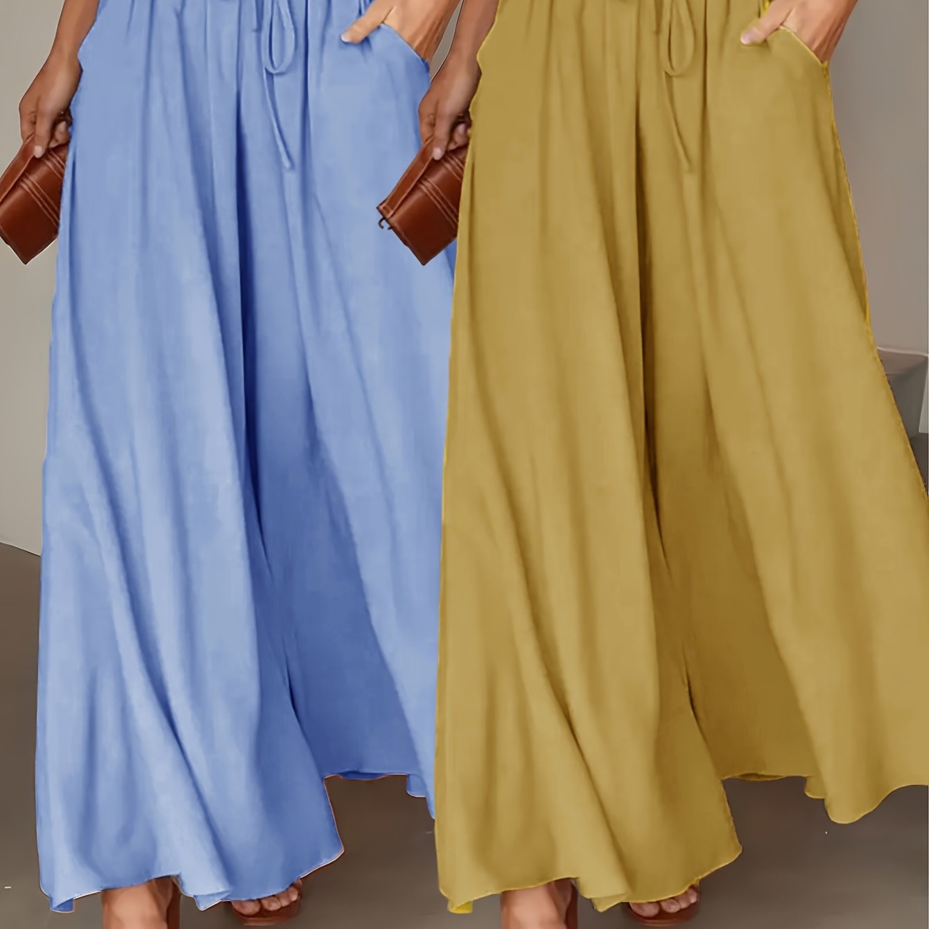 Two - pack Women's casual high - waisted comfortable breathable pocket drawstring loose wide - leg pants - veyora