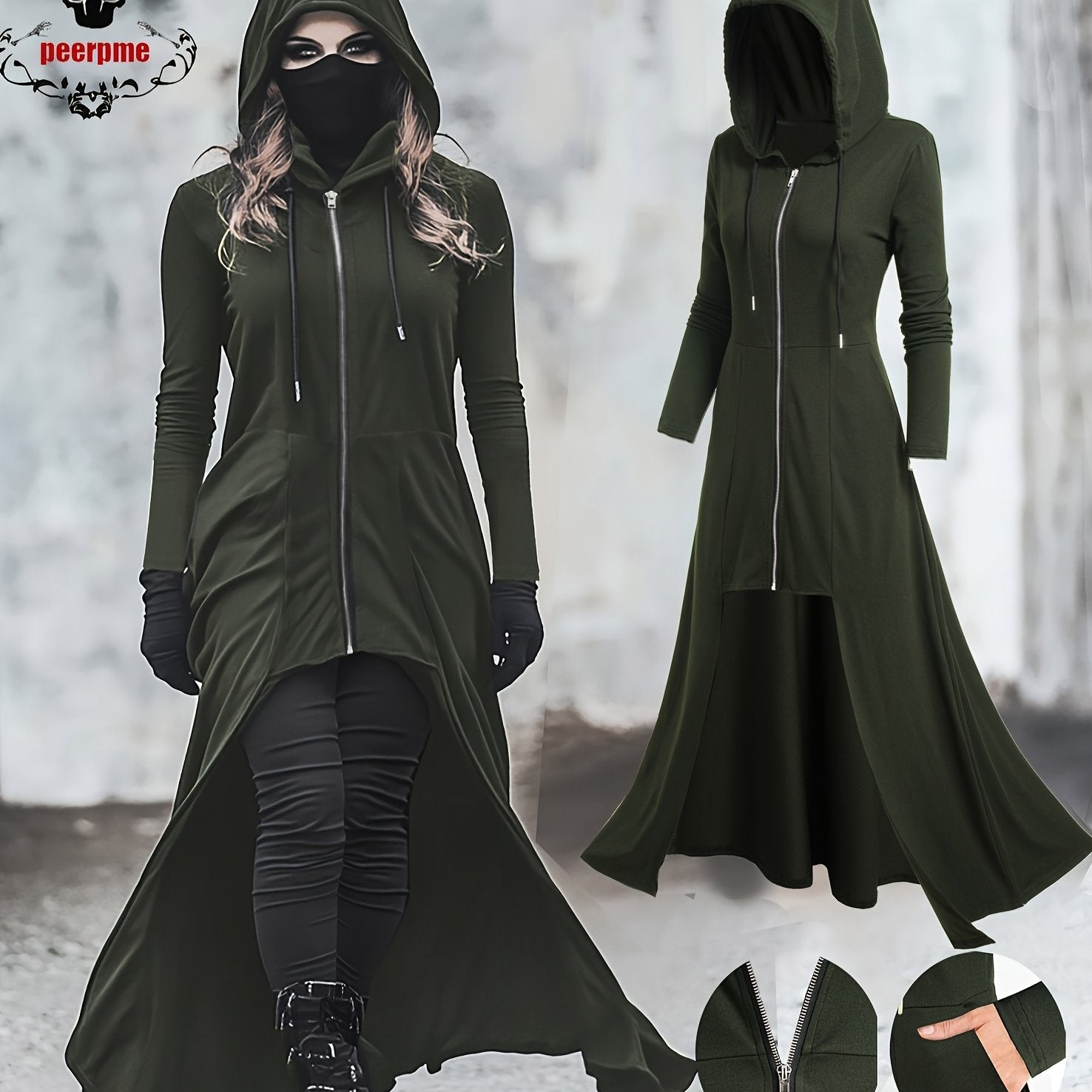 Gothic Style Zip Up Jacket, Casual Long Sleeve Hooded Extra - long Swallowtail Jacket for Holiday & Cosplay, Women's Clothing - veyora