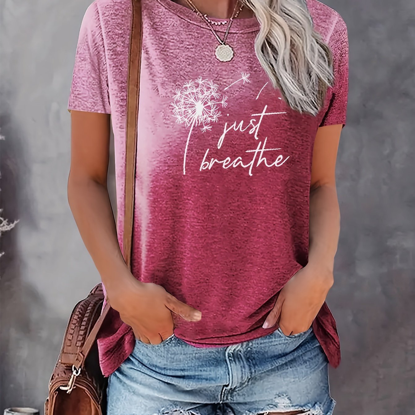 Just Breathe & Dandelion Print T-shirt, Casual Crew Neck Short Sleeve Top, Women's Clothing - veyora