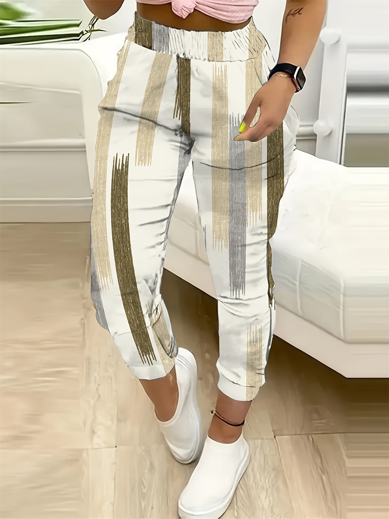 Women's Striped Print Cropped Pants, High Stretch Polyester and Elastane Blend, Machine Washable - Spring/Autumn, Casual, 9 - inch - veyora