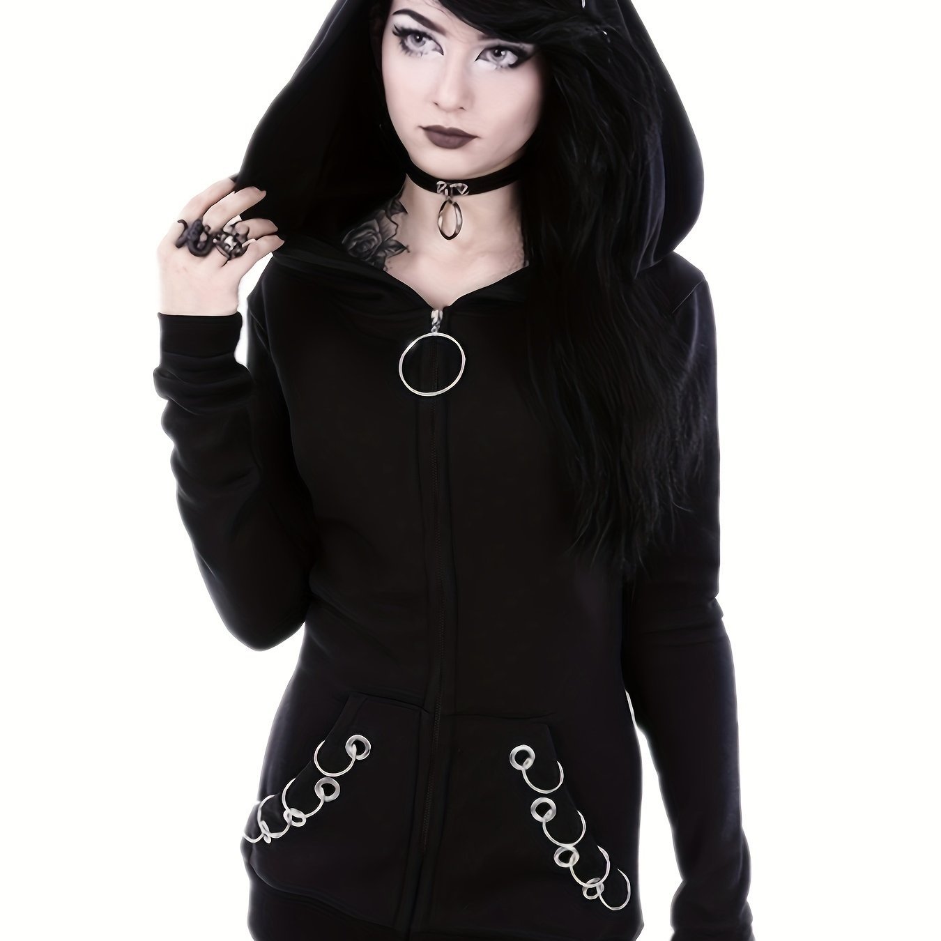 Solid Color Hooded Sweater with Ring Accent - Casual Round Neck Pullover, Medium Elasticity All - Season Sweaters for Layering, Machine Washable Sweaters for or Weekend Outfits (Compatible with Dresses) - veyora