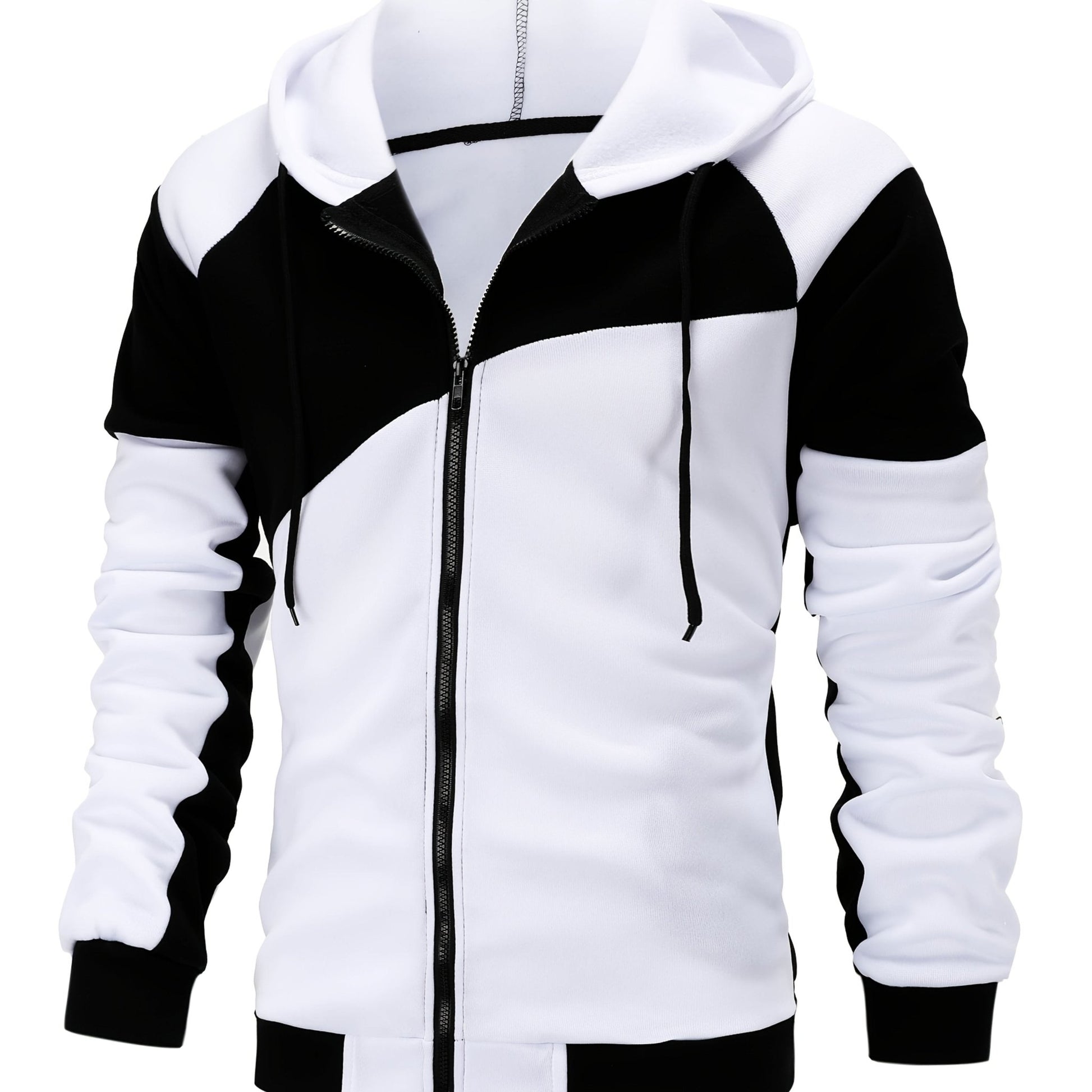Double Layer Drawstring Hooded Jacket, Men's Casual Color Block Stand Collar Zip Up Jacket Coat For Fall Winter Outdoor Hiking Climbing Camping Cycling - veyora