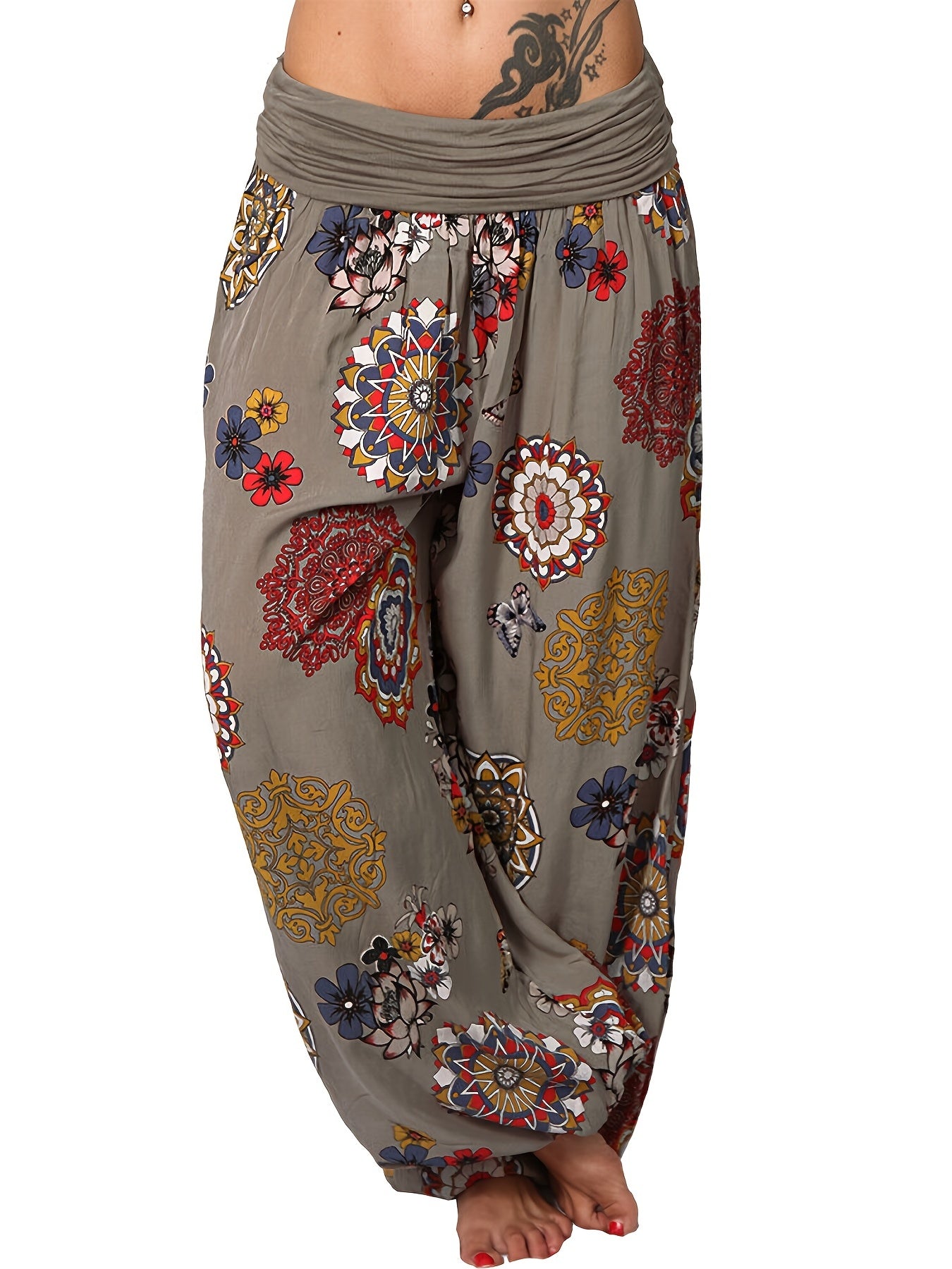 Boho Floral Print Harem Pants, Bohemian Loose Elastic Waist Pants For Spring & Summer, Women's Clothing - veyora
