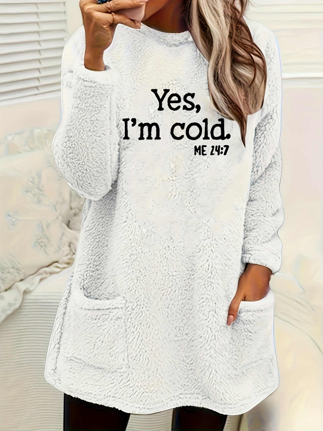 Autumn/Winter New Women's Casual Warm Comfortable Letter Print Round Neck Pocket Long Sleeve Double - Sided Sweatshirt - veyora