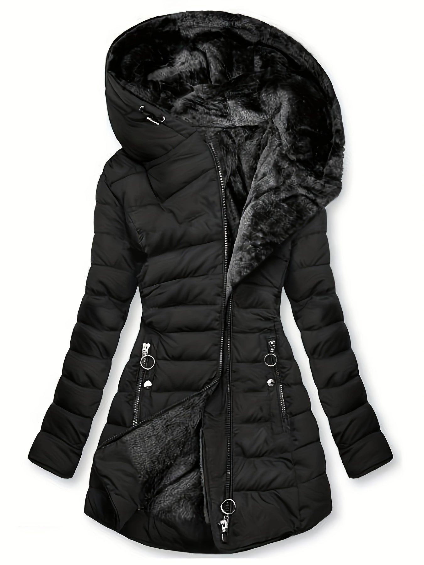 Zip-up Hoodie Puffy Coat, Casual Long Sleeve Pockets Faux Fur Lined Warm Coat For Winter, Women's Clothing