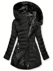 Zip-up Hoodie Puffy Coat, Casual Long Sleeve Pockets Faux Fur Lined Warm Coat For Winter, Women's Clothing