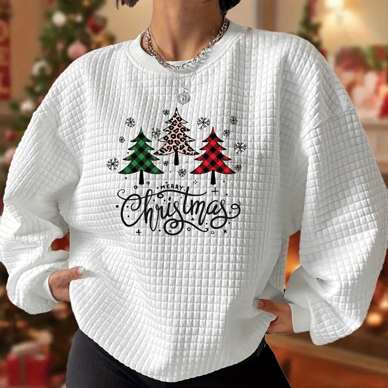 New Christmas Tree Printed Quilted Jacquard Round Neck Sweatshirt - veyora
