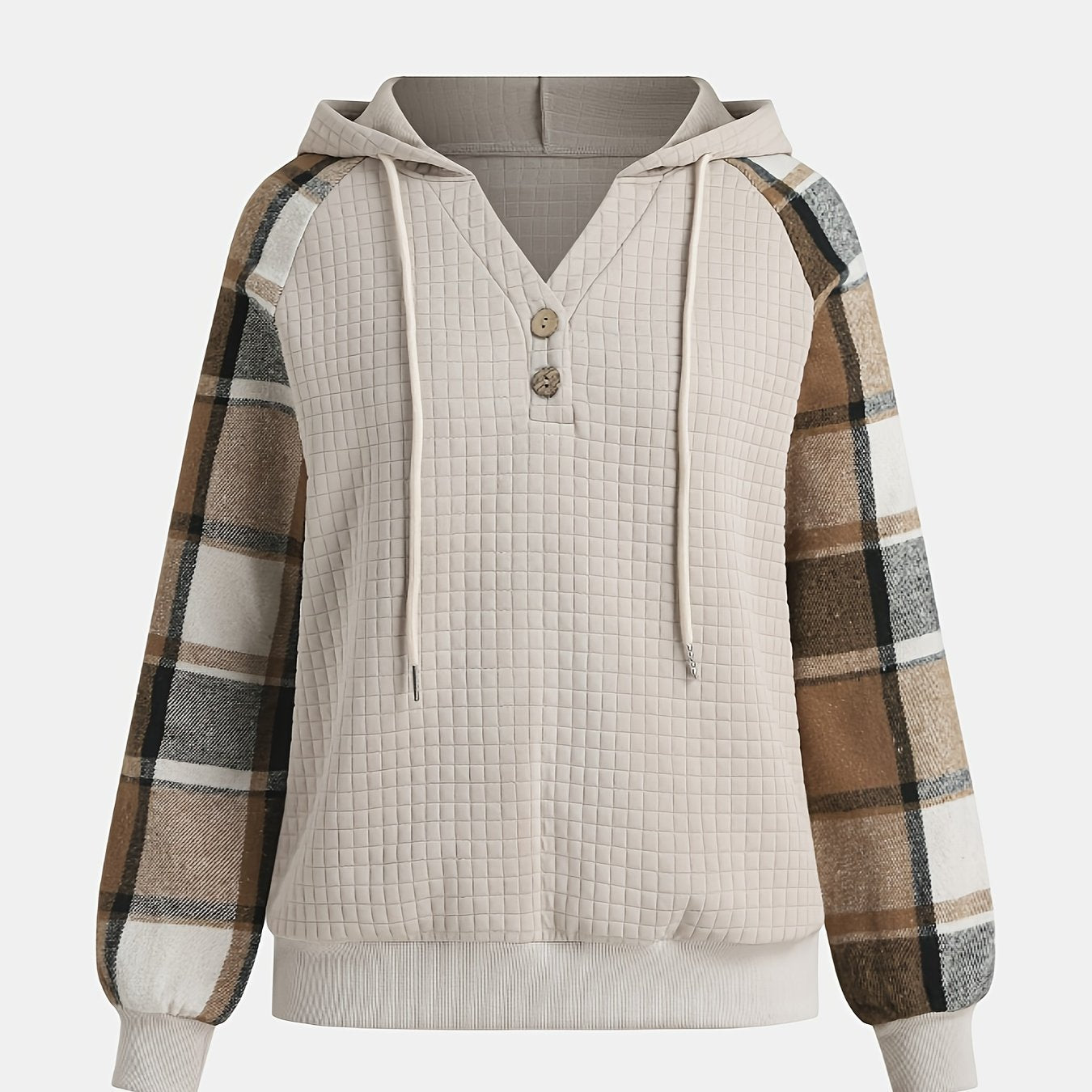 Women's Elegant Plaid Patchwork Hooded V - Neck Pullover Sweatshirt - Soft Textured Long Sleeve Fall Winter Warmth, Machine Washable Regular Fit Casual Chic Top, Cute Sweatshirts, Durable Casualwear - veyora